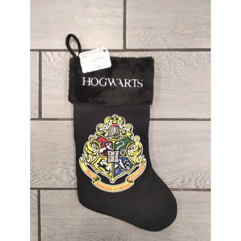 Harry Potter Hogwarts Christmas Stocking Black Faux Fur Crest NWT